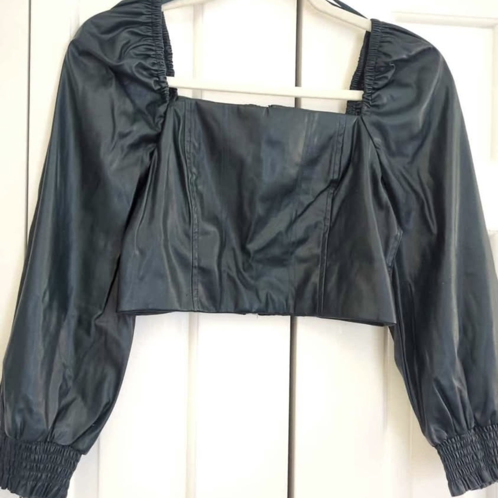 Chic Green Faux Leather Blouse